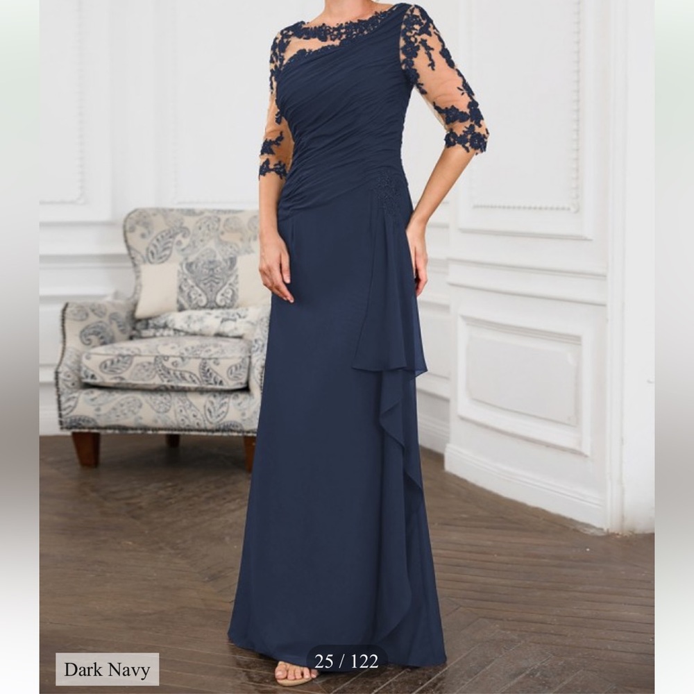 Blue Asymmetrical Ruffled Gown with 3/4 Sleeves